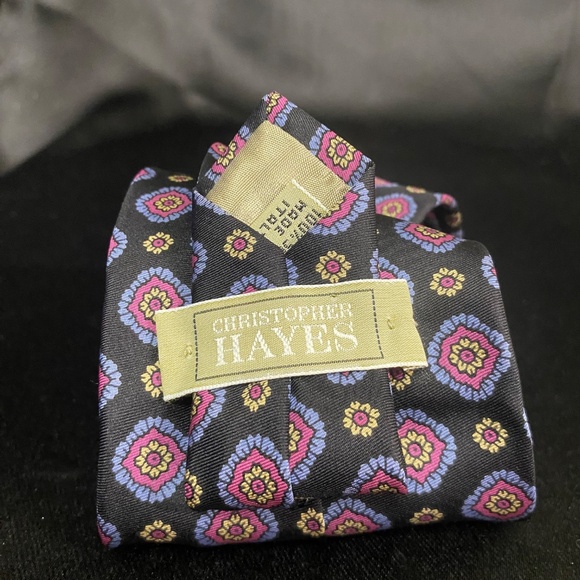 Christopher Hayes Necktie Black Pink Blue Floral‎ Medallion Silk Made in Italy - Picture 2 of 2